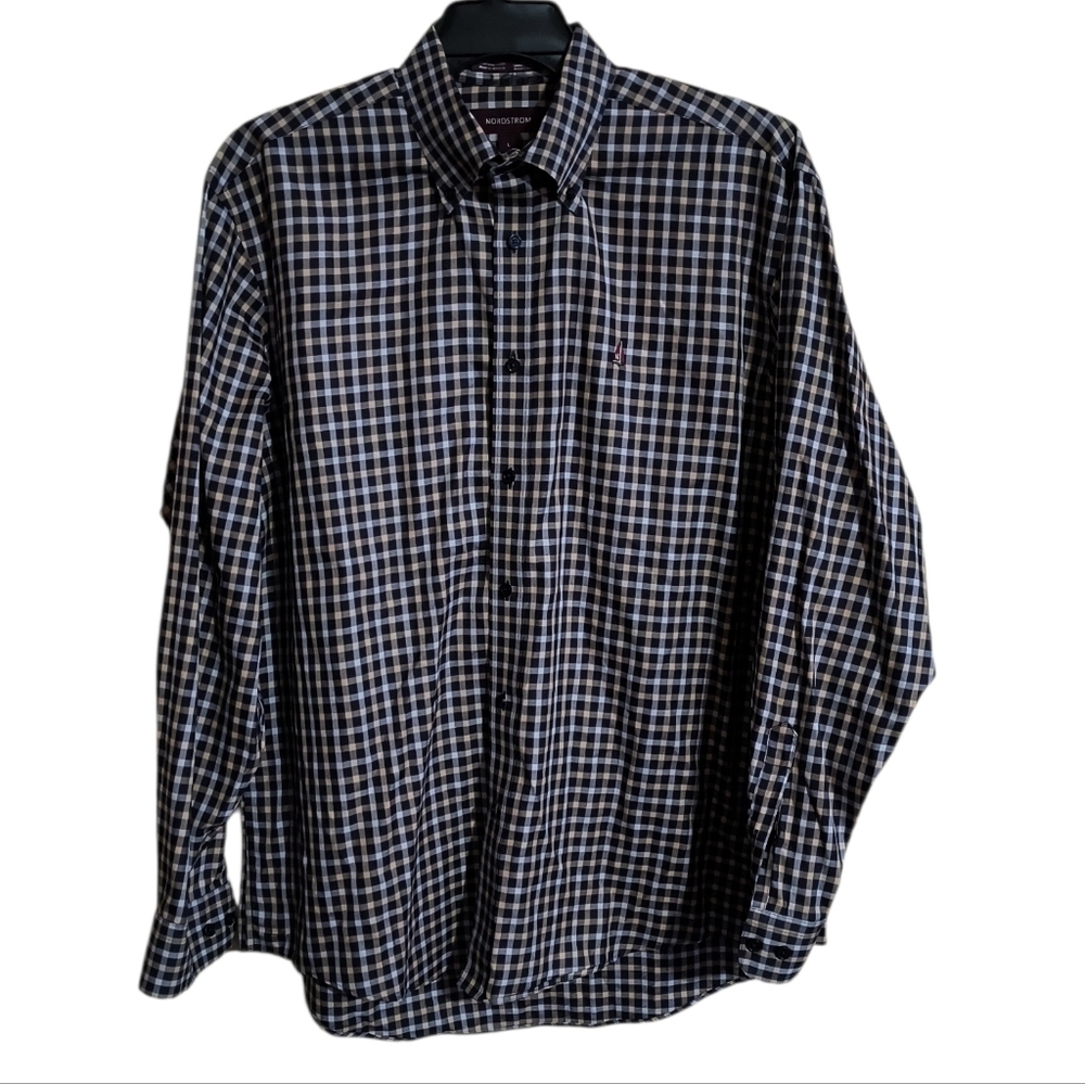Nordstrom Men's Plaid Button Down Shirt - Black, White and Tan Size L